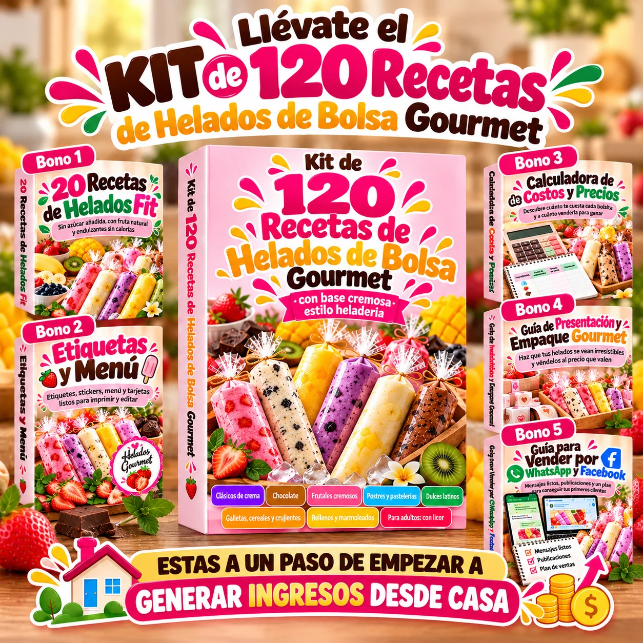 Kit de 120 recetas de helados en bolsa gourmet con sus 5 bonos